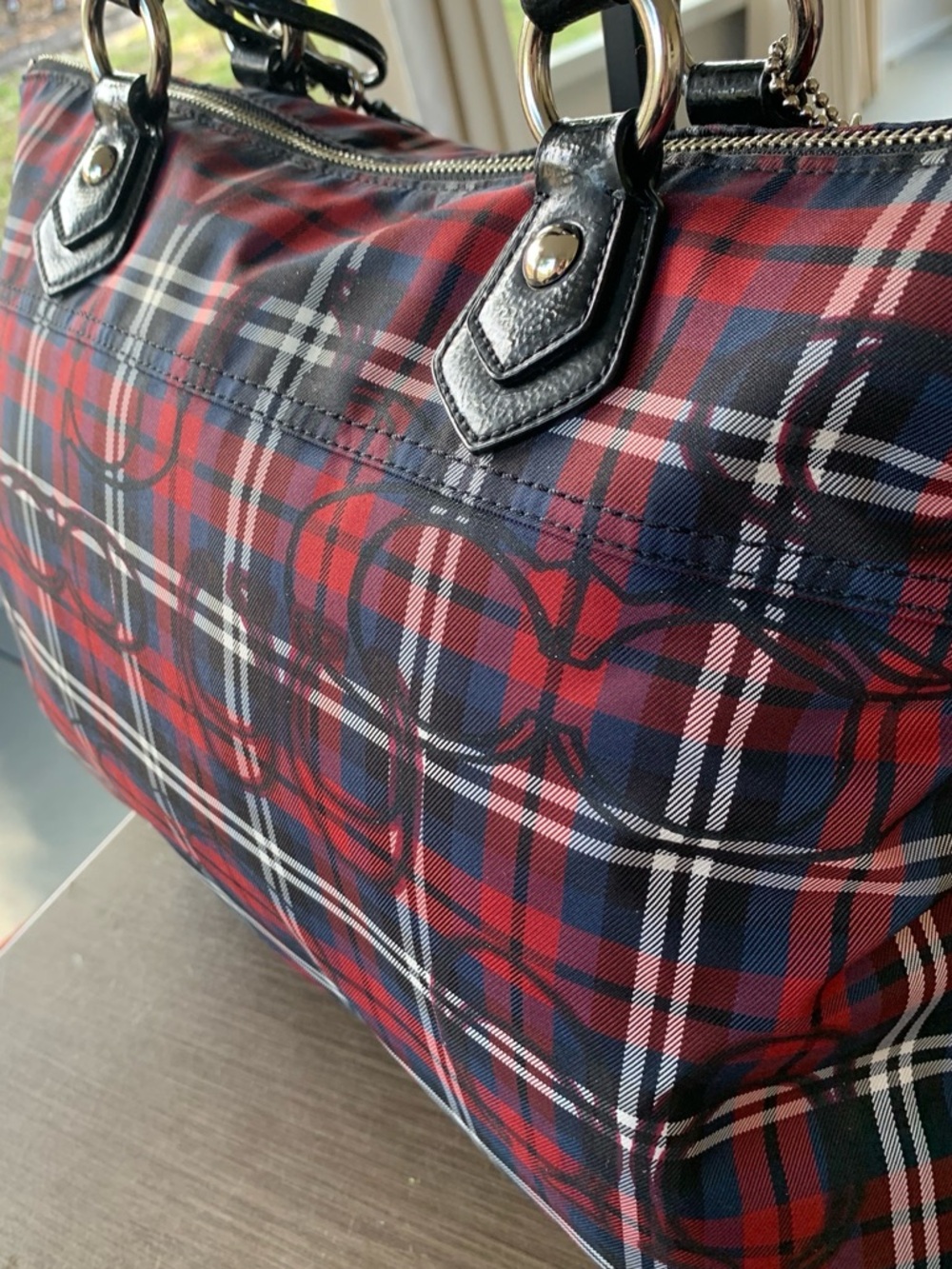 Coach Poppy Tartan Plaid Glam Tote + Wristlet (Red/Blue) 18713 - Picture 7 of 17